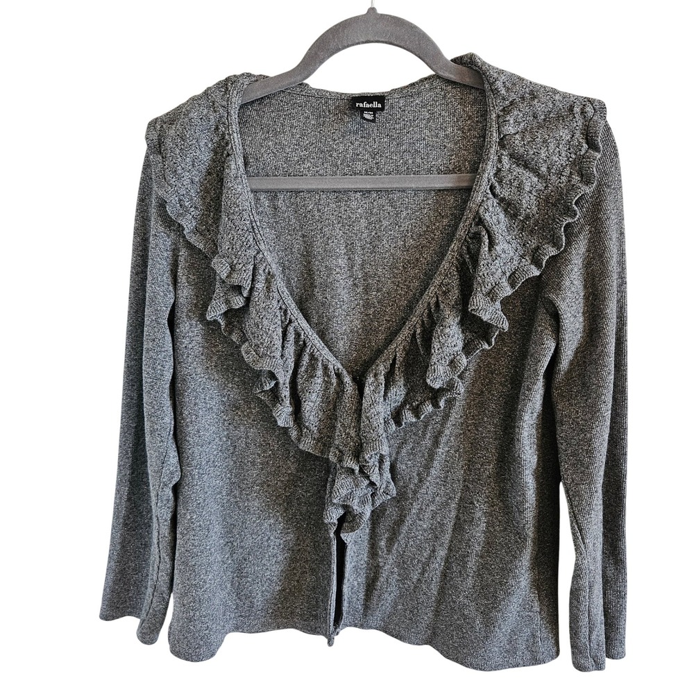 Rafaella Womens Grey Ruffle V-Neck Cardigan Hook Eye Closure Size M